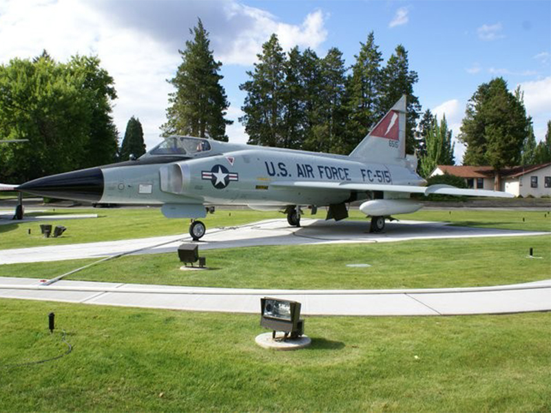 A US Air Force FC-515 fighter plane on display on a lawn